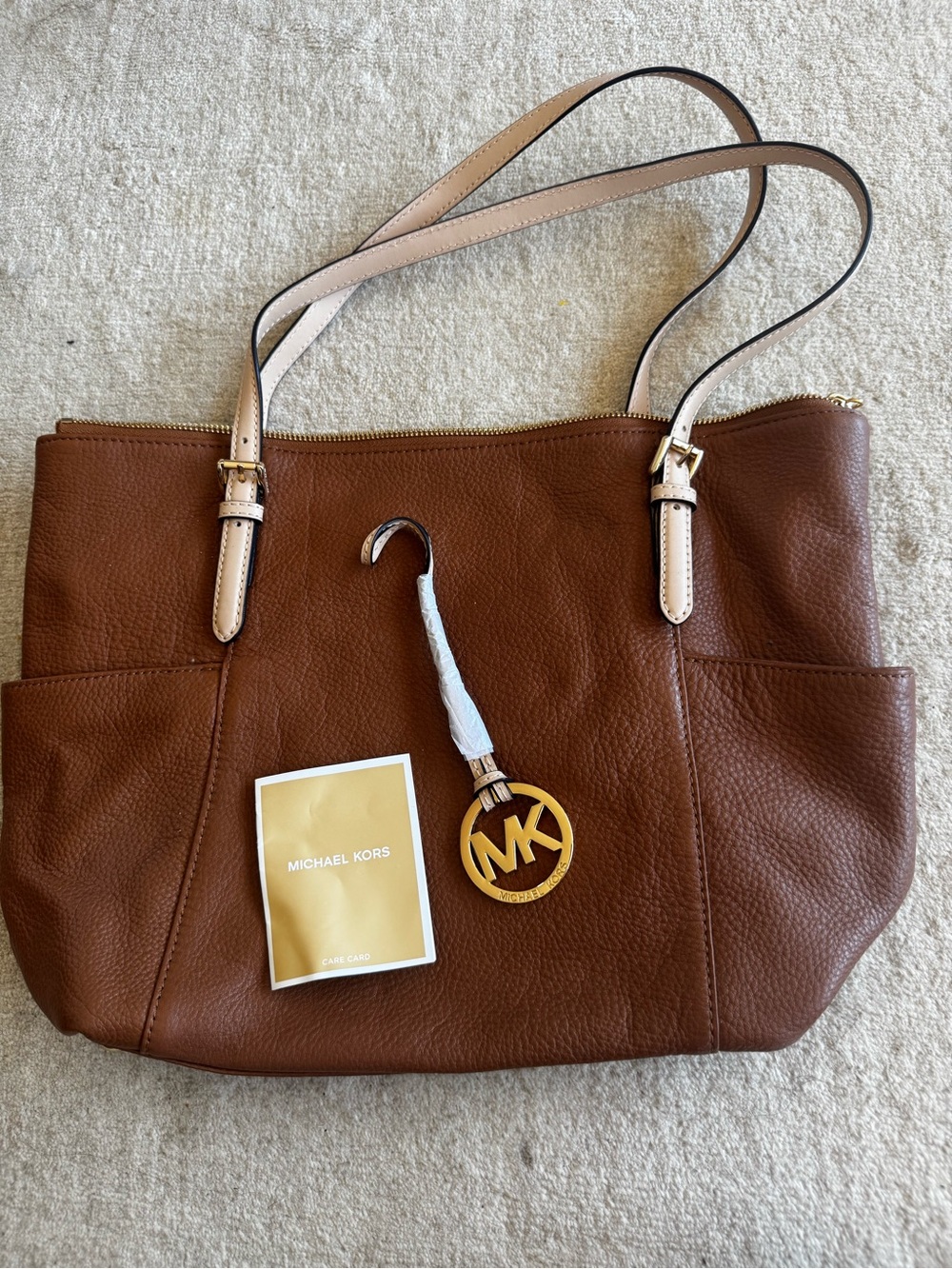 Michael Kors Brown Leather Tote with Pale Pink Straps and Gold MK Charm